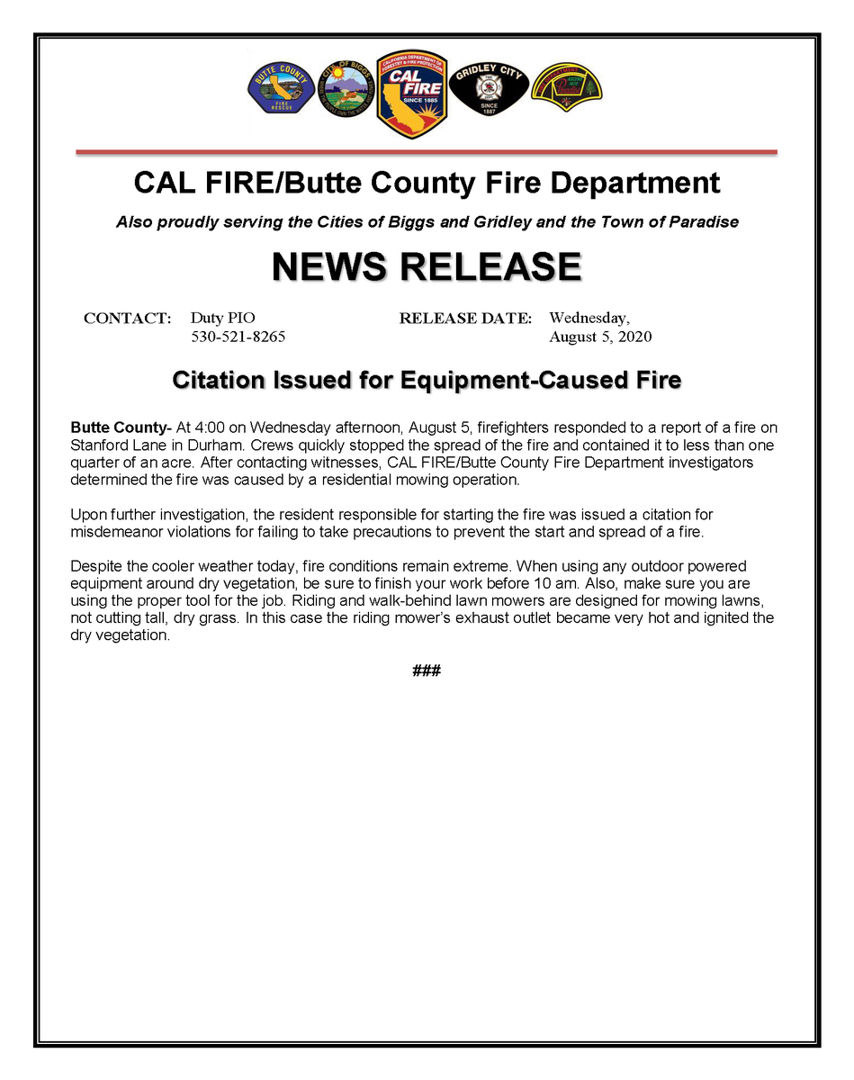 CALFIRE_ButteCo's tweet photo. #StanfordFire [final] The fire was contained to two spots approximately 1/8 acre each. See the news release regarding a citation issued for the powered equipment-caused fire. https://t.co/Y9f0CZOsAQ