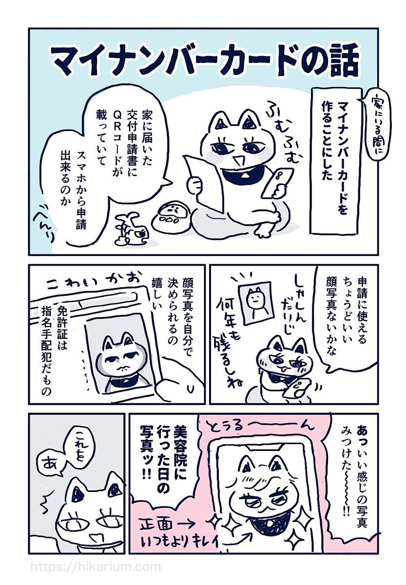 【マイナンバーカードの写真の話】
申請発行時の日記漫画。顔写真が選べるなら髪がつやつやで綺麗な日に撮りたい! 