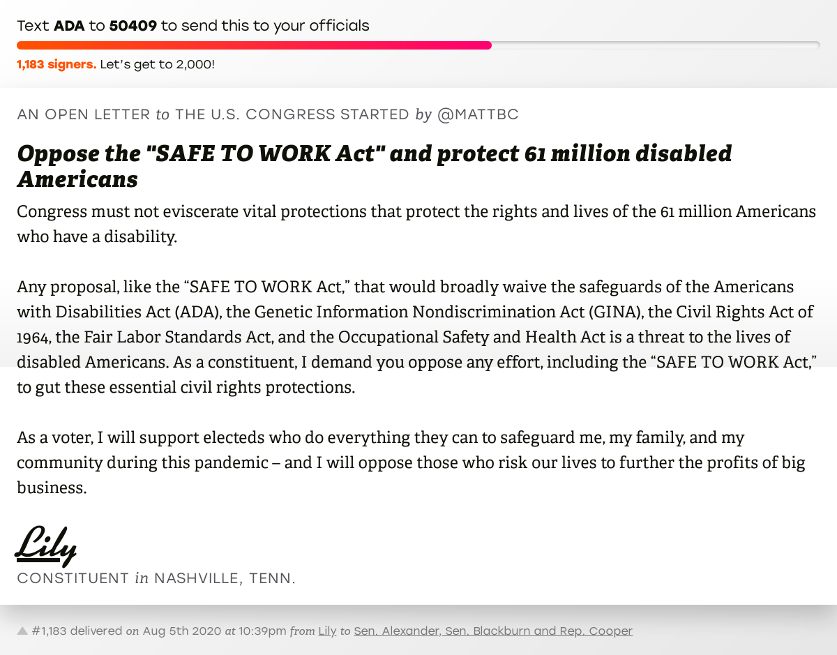 openletterbot's tweet photo. 🖋 Sign “Oppose the 'SAFE TO WORK Act' and protect 61 million disabled Americans” and I’ll deliver a copy to your officials: https://t.co/jNQatrxQmo

📨 No. 1,183 is from Lily to @SenAlexander, @MarshaBlackburn and @RepJimCooper #TN05 #TNpolitics #TNpol https://t.co/wxA2LkvqAb
