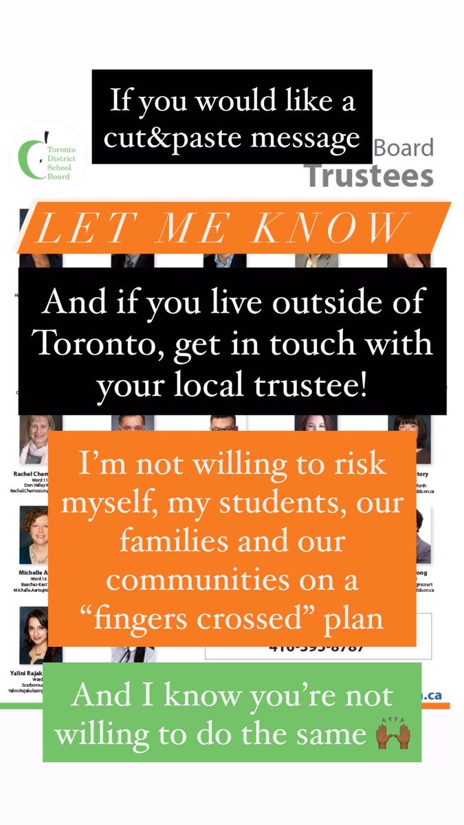 mmemurugiah's tweet photo. Send a message to your #TDSBTrustee regarding your thoughts on current “plans” for an #UnSafeSeptember. Let them know you expect nothing less than a #SafeSeptember for ALL students/staff/families/communities 🙌🏾 #OntEd #ONPoli #QuarantineEd #StakeholderInput #IfWeDontSpeakWhoWill https://t.co/L64GgjPPDn