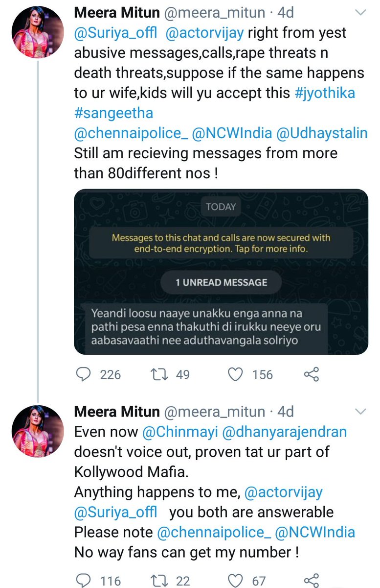 She started abusing Thalapathy and Suriya in the name of Nepotism. As FEW fans responded she took it to next level mentioning Chinmayi, who continuously support Feminists.But ironically even Chinmayi neglected Meera Mithun as she was doing all these things dor publicity.(7/9)