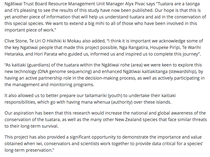 A further key message in our paper was about undertaking work on genomes in a manner consistent with the CBD and the Nagoya protocol. We have laid a foundation for a partnership approach – Ngātiwai is the senior author of our work. This is an approach we hope to build upon.