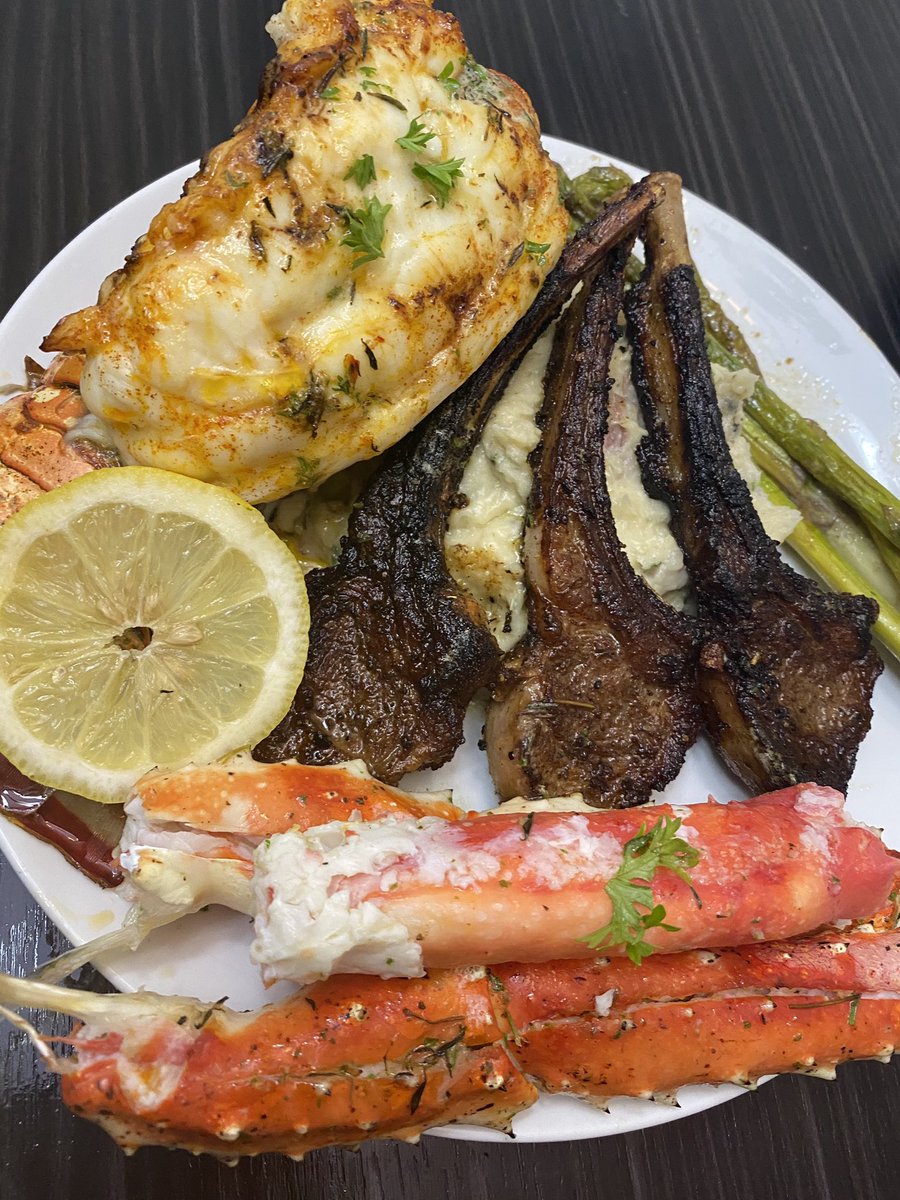 LawCannon's tweet photo. I just went OFF in the kitchen.

Broiled Garlic Butter Lobster Tail.
King Crab Legs.
Parmesan &amp; Herb Mash Potatoes.
Asparagus.
&amp; Pan Seared Garlic &amp; Herb Lamb Chops 🔥🔥🔥🔥🥺🥺🥺

Ultimate Surf &amp; Turf https://t.co/YkamZzWvZ8
