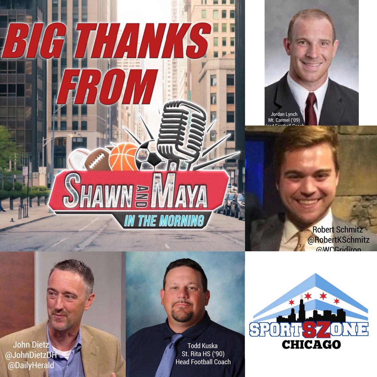 SportsZoneCHI's tweet photo. Thanks to @JohnDietzDH from @DailyHerald, @RobertKSchmitz from @WCGridiron:Todd Kuska @StRitaFootball & Jordan Lynch @CaravanFootball 4 calling @SM_Mornings on @SportsZoneChi
#ShawnAndMaya #SportsZoneChicago
#DailyHerald #Blackhawks #Bears #StRitaHS #MtCarmelHS #WCGridiron https://t.co/Z89voUioYj