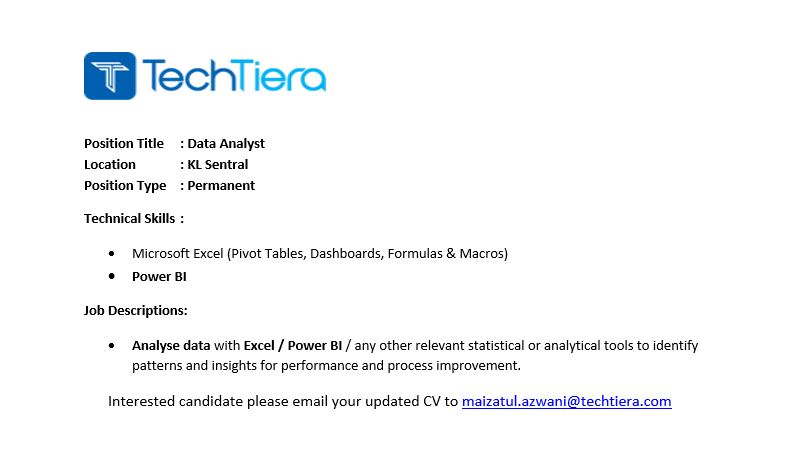 maizatul95's tweet photo. Data Analyst (POWER BI)
:: Malaysian only

#kerjakosong #jawatankosong #haikerja #carikerja #dataanalyst #sebarkerja #itjobvacancy #dataanalystjobvacancy https://t.co/IC86jyaK3W