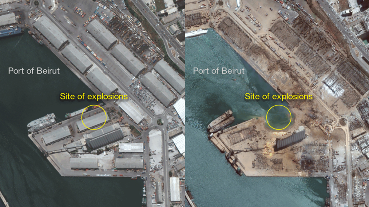 business's tweet image. An aerial shot shows the before and after of the devastating explosion in Beirut.  The latest ➡️ trib.al/0hlI9ag
