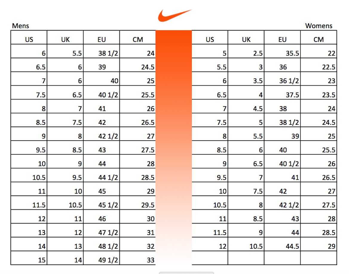 vans and nike size chart