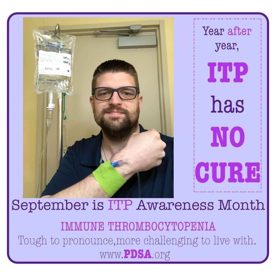 kyl3charisma's tweet photo. My ITP journey started 16 years ago. Low platelet count in the 30's, misdiagnosed with Lupus in 2004, re-diagnosed with ITP in 2007. 4 steroid, 16 rituxan, and 112 ivig infusions later it has been a pretty crazy journey with a lot of ups and downs. #itpawareness #beatitp https://t.co/ukf4Et5wC9