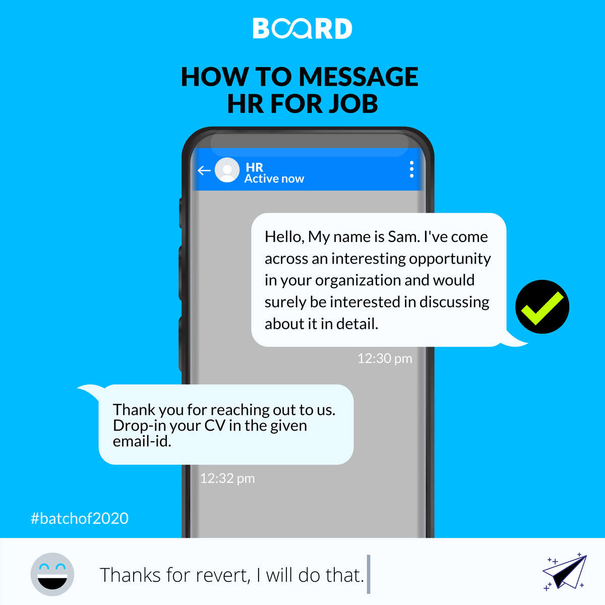 boardinfinity's tweet photo. Are you one of those #BatchOf2020? It's time to dawn a professional hat with a professional approach that leaves an impression & an impact. Tell us how would you approach an HR?
#batch2020 #2020graduates #2020graduate #2020goals #2020jobs #jobsearchtips #jobsearchadvice https://t.co/rE1ROYJDjo