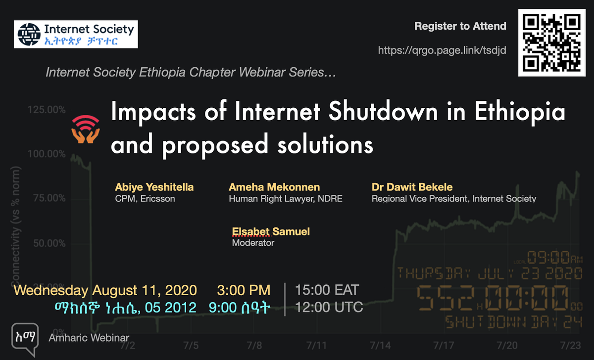 ኢንተርኔት ሶሳይቲ ኢትዮጵያ ቻፕተር በኢትዮፕያ ኢንተርኔት መዘጋት (Internet Shutdown) እና የመፍትሄ ሀሳቦች ዙሪያ ባዘጋጀው የኢንተርኔት ውይይት ላይ ጋብዝዎታል::

ከጥቂት ሳምንታት በፊት በተከሰተው አጋጣሚ ምክንያት አገሪቱ ሙሉ በሙሉ ለማለት በሚቻል መልኩ ለ 23 ቀናታት ከኢንተርኔትተቆራርጣ ነበር:: ሁኔታውን ከግምት ውስጥ በማስገባት የተወሰደው እርምጃ ተመጣጣኝ ነበር ለማለት ያስችላልን ወይስ እንደ ሀገር በተደጋጋሚ ለሚከሰቱብን ችግሮች እና አጋጣሚዎች አማራጭ መፍትሔዎች ለማበጀት ምን ማቀድ እንችላለን? ይህ ውይይቱ እንደ ዓላማ በተሳታፊዎች መካከል የውይይት መድረክ በመፍጠር በሰዎች እና ኢኮኖሚያዊ አንድምታዎች ላይ የሚያመጣውን ተፅእኖ ለመረዳት እና በመጨረሻም ሀገራዊ መፍትሄ ለማበጀት የተዘጋጀ ነው::

በዚህ ርዕሰ ጉዳይ ዙሪያ ሀሳባቸውን እንዲያካፍሉን የሚመለከታቸውን የመንግስት ድርጅቶች እንዲሁም ከግል ድርጅቶችና ከሲቪክ ማህበራት በውይይቱ ላይ ጋብዘናል:: ዝግጅቱ በአማርኛ ቋንቋ የሚካሄድ ይሆናል:: ለበለጠ መረጃ http://www.internetsociety.et ይመልከቱ።

የእርስዎ ተሳትፎ ለዝግጅቱ ስኬት ትልቅ አስተዋጽኦ ያበረክታል በዝግጅቱ ለመካፈል አገናኙን በመጠቀም እና በመመዝገብ ተሳትፎዎን ያረጋግጡ::
አዱኛ ነጮ

ፕሬዝዳንት-ኢንተርኔት ሶሳይቲ ኢትዮጵያ ቻፕተር

http://www.internetsociety.et 