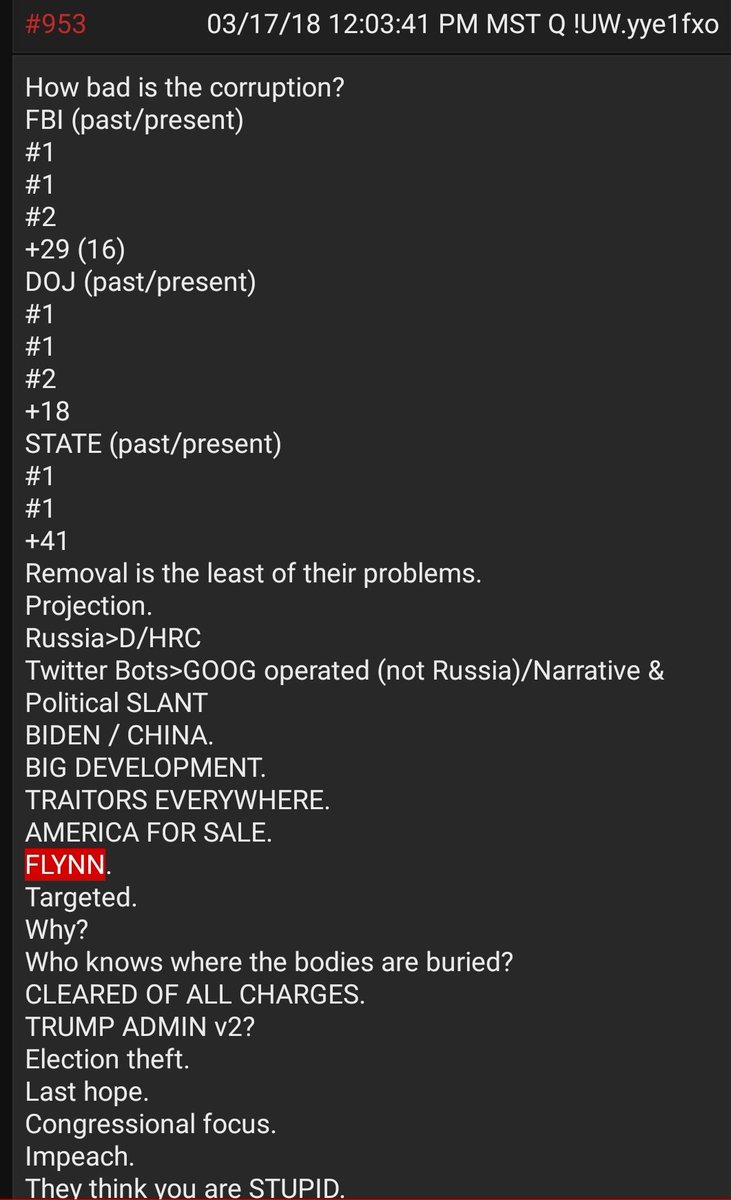 Why do I think this?Read this timeline (top to bottom) that was dropped 03/17/18.Who knows where the bodies are buried?CLEARED OF ALL CHARGESTrump Administration v2 (2nd Term)-----But currently the Judge in Flynn's case is CORRUPT. He won't dismiss the case.