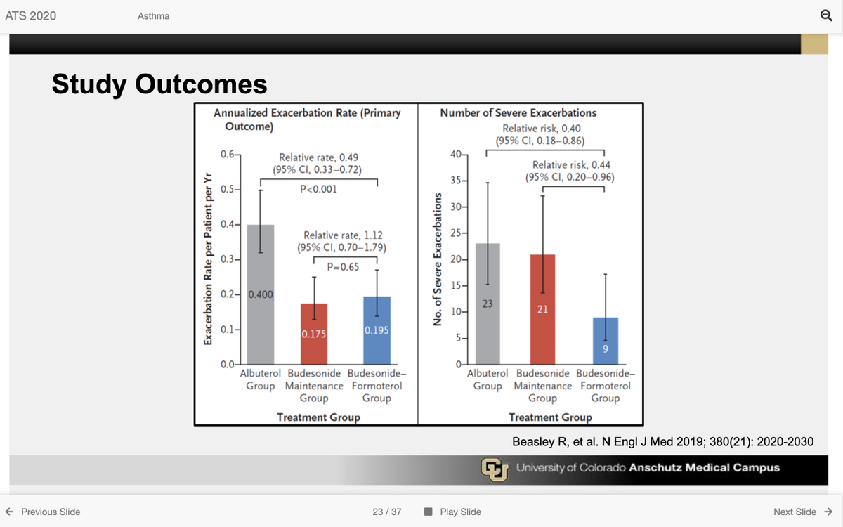 Beasley et al. PMID 31112386 pub  @NEJM For Mild asthma: PRN ICS+LABA superior to PRN SABA & PRN SABA+ICS for severe exac. prevention  maint. ICS superior to PRN ICS+LABA & PRN SABA for symp. control  @ginasthma updated recs to include PRN ICS+LABA #ATS2020  #B1 (4/ )