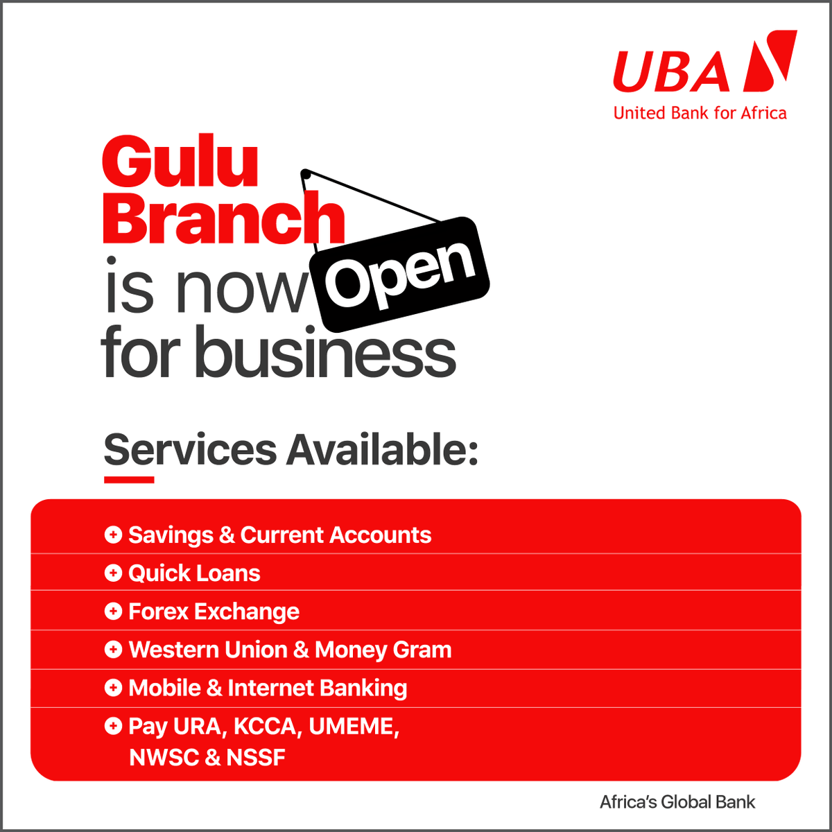 UBAUganda's tweet photo. Shout out to our peeps in the G-Town. We are finally home! You can now find us on Queens sub-Ward. Plot No.15 Queens Avenue.
#UBAGuluBranch #UBABranch #UBANewBranch https://t.co/ljYhYZEIUD