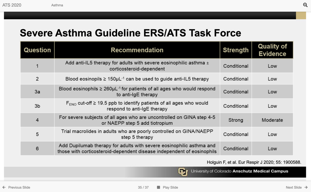 Holguin et al. PMID 31558662 pub  @ERSpublications To  exacerbations in severe asthma, consider: Tiotropium  recommendation Macrolides Dupilumab if eosinophilia or oral GC dependent regardless of eos Need  comparision of biologics #ATS2020  #B1 (6/ )