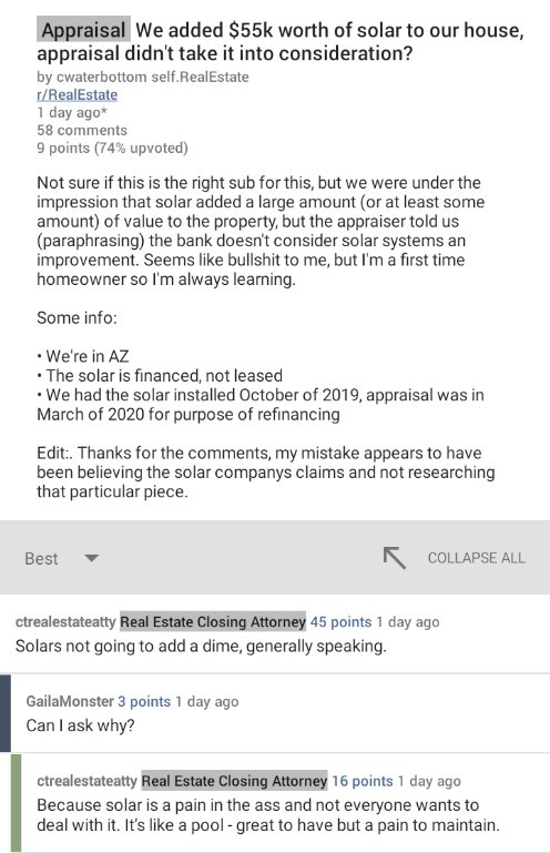 I'm finding a lot of these stories where the solar company says "it will raise value of house, pay off loan with equity after appraisal".