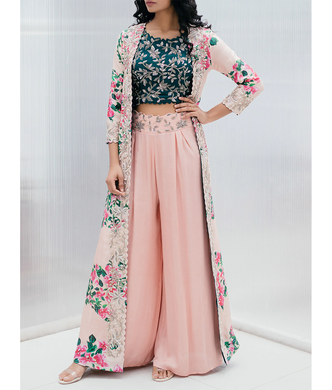 Chevron Printed Resham Embroidered Crop Top With Palazzo & Floral Angu –  FASHOR