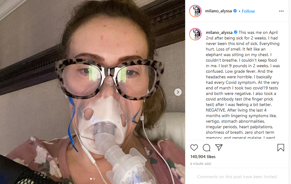 First, we can see from her Instagram post that this picture was on April 2, 2020 after she had been sick for 2 weeks. She lost 9 lbs, horrible headaches, shortness of breath like an elephant was on her chest. No word on why her glasses are big enough to fit an elephant.