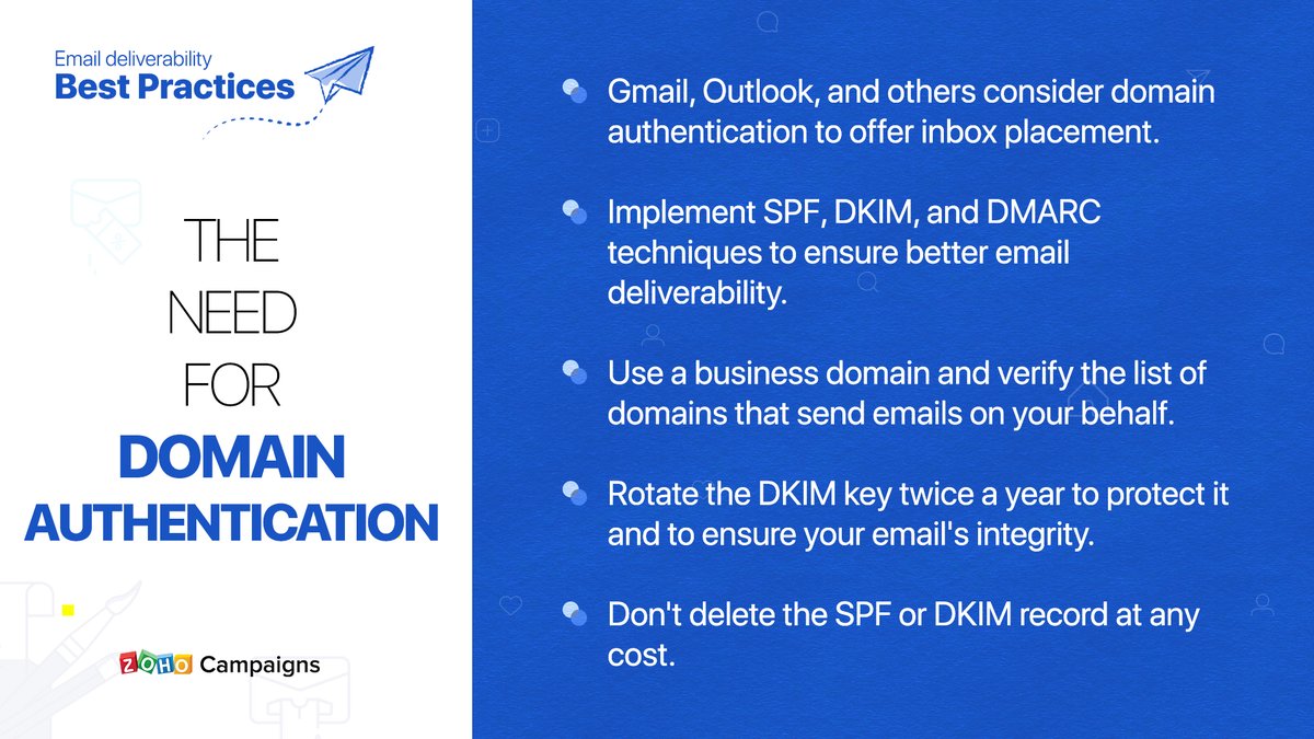 ZohoCampaigns's tweet photo. If you're curious about the various domain authentication mechanisms used to safeguard your emails, it's time to #LearnWithUs from our #DeliverabilityTips series. https://t.co/ETjxTPgZtd
