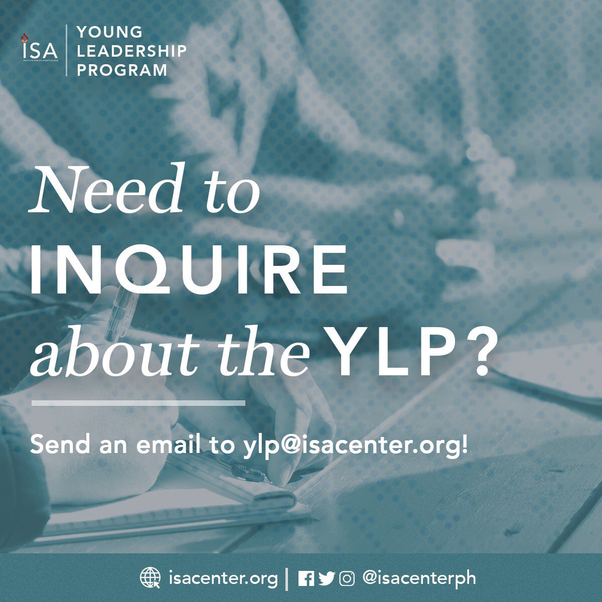 isacenterph's tweet photo. Interested in our Young Leadership Program (YLP)? 🤔

Go ahead and send an email to Patricia Salvador at ylp@isacenter.org. 📧 

For more details, go to https://t.co/rqc0JVyGsR. https://t.co/94r7Q521hW