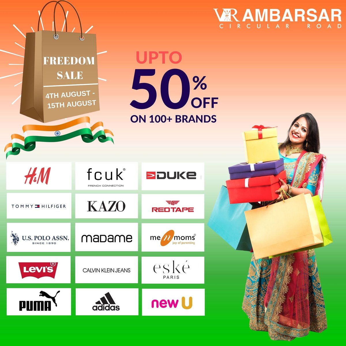 vrambarsar's tweet photo. This #IndependenceDay shop your way to freedom like never before! Shop with 100+ brands on upto 50% off at #vrambarsar. Shop from #hm #fcuk #tommyhilfiger #uspoloassn #levis #calvinklein #puma and lots more! Shop Now!
#shopping #sale #celebrations #freedomsale
#amritsar #punjab https://t.co/mN03PzhsSa