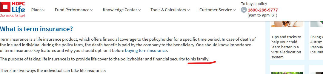 kritibinani's tweet photo. @HDFCLIFE disappointed to find gender exclusive language on your website. women can provide financial security to their families too! #inclusionmatters #genderequity 
This is the link to this page -
https://t.co/AvBCyjUfZH https://t.co/YFsSsoNWhq