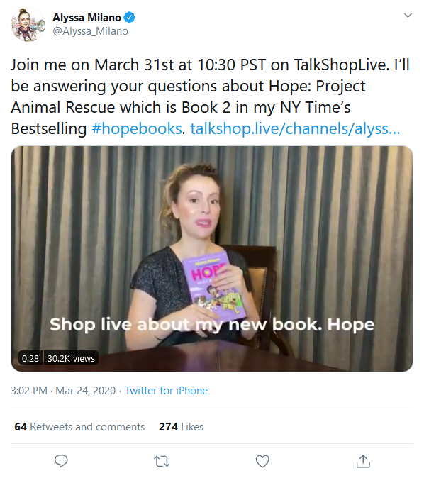 On March 24, 2020, Milano tweeted that she would be having a TalkShopLive on March 31, 2020 at 10:30 a.m. PST. Screenshot + link to tweet: https://twitter.com/Alyssa_Milano/status/1242527275490226176?s=20