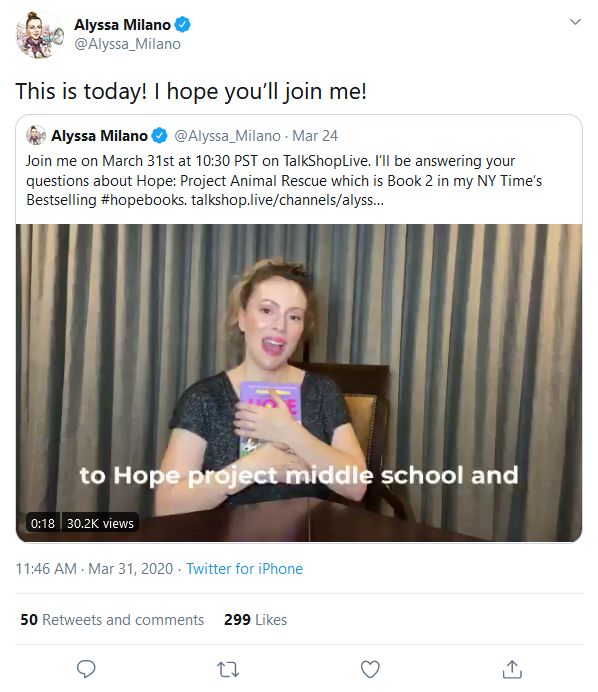Fast forward to March 31, 2020, and Milano invites everyone to her TalkShopLive again. She states it was that day and hopes everyone joins her. Screenshot + link to tweet: https://twitter.com/Alyssa_Milano/status/1245014531526410243?s=20