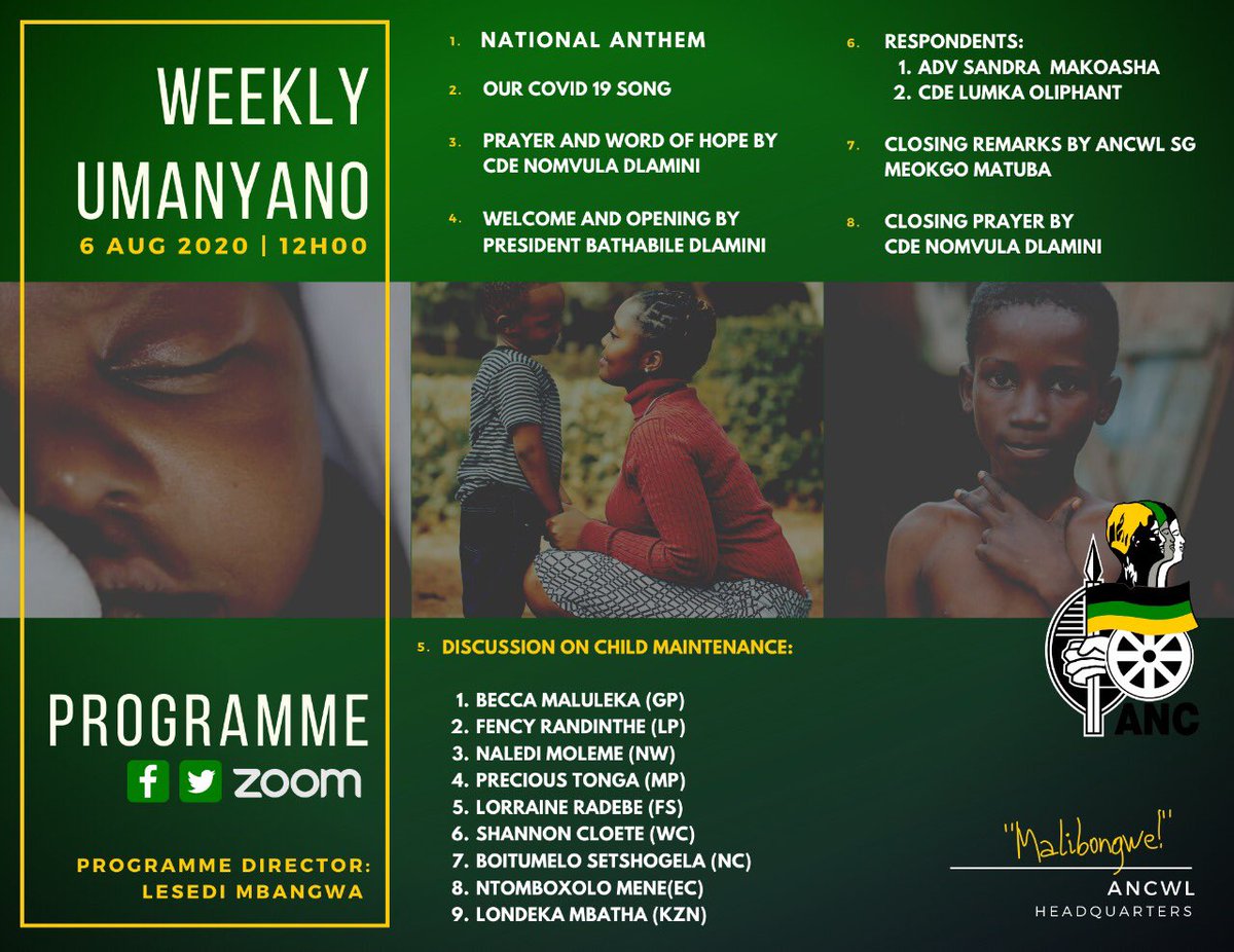 The African National Congress Women’s League (@ANCWL_hq) weekly Umanyano will TODAY at 12:00 be focusing on Child Maintenance

Please do tune in, it will be live on the ANCWL Facebook page: African National Congress Women’s League 

#ANCWLUmanyano 
#ChildMaintenance