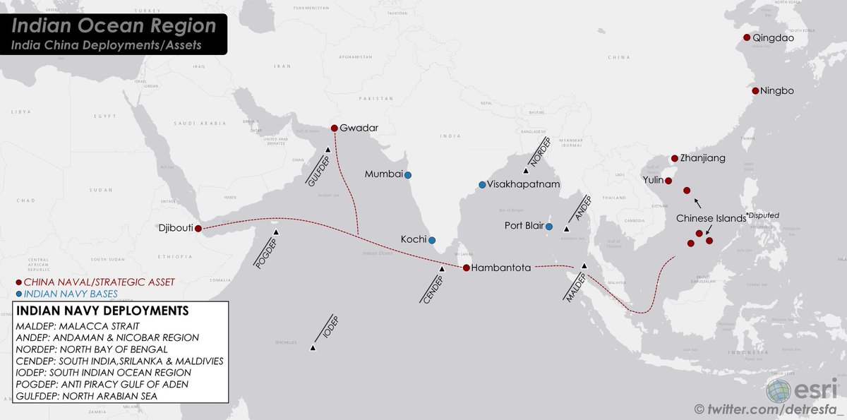 Since the #IndiaChinaFaceOff there has been consistent chatter on naval threats in the #indianoceanregion, this map helps visualise the known deployments of the #IndianNavy & the role it plays in monitoring #China's access westwards