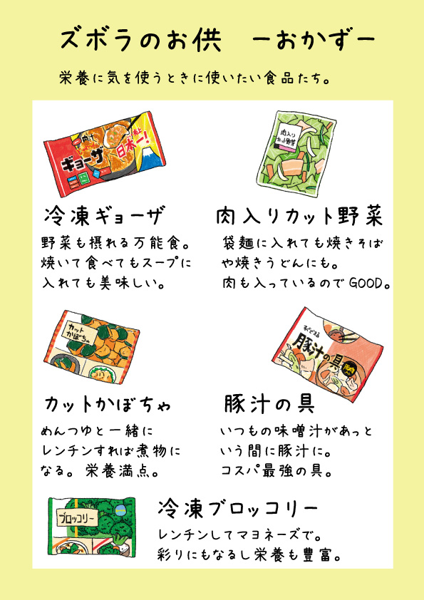 冷凍餃子便利だよね。我が家もストックしてる。
あとはお好み焼きとか、冷凍パスタとか牛丼の具とか。
個人的に冷凍庫に常備しておきたいものたちはこちら。 