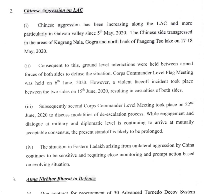 On the MoD website,  @DefenceMinIndia admits Chinese "transgressions" across the LAC in Galwan, Hot Springs and Pangong.This disproves PM  @narendramodi's 19 June statement: "Na koi ghusa, na koi ghusa hua hai" (Meaning: Nobody has crossed the LAC).Why did the PM publicly lie?