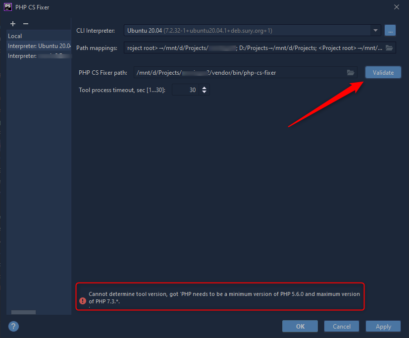 VPashovski's tweet photo. @phpstorm Yes, here are 2 SS. First is CLI Interpreter with PHP executable "php7.2". When I click Validate in PHP CS Fixer popup I got an error. This is maybe because default "php" in my WSL is php 7.4 and CS Fixer is working with it, not with 7.2 :) https://t.co/VXwSA1HlD2