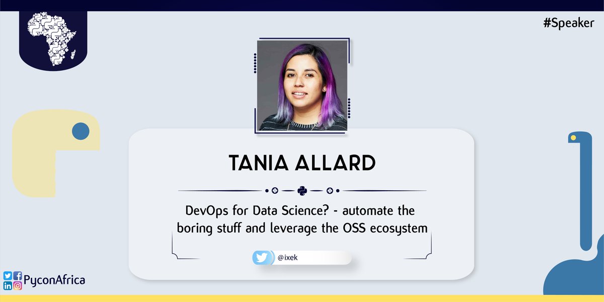 pyconafrica's tweet image. Up next:

Tania Allard (@ixek) will be giving a talk at #PyConAfrica2020 on &quot;DevOps for Data Science? - automate the boring stuff and leverage the OSS ecosystem&quot;.

 #PyConAfrica20 #Python #PyExciting