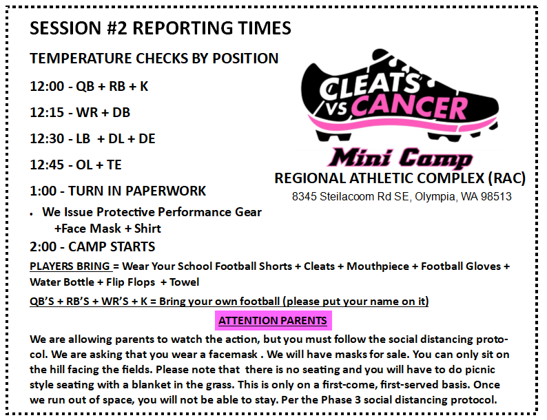 Here is the roster and check in times for session #2 of the 
<a href="/CleatsV/">CLEATS V CANCER H.S. FOOTBALL ALL-STAR GAME</a> Cancer mini-camp. If you registered and do not see your name listed, please call the office and we will take care of it. #ClaimTheVictoryVsCancer