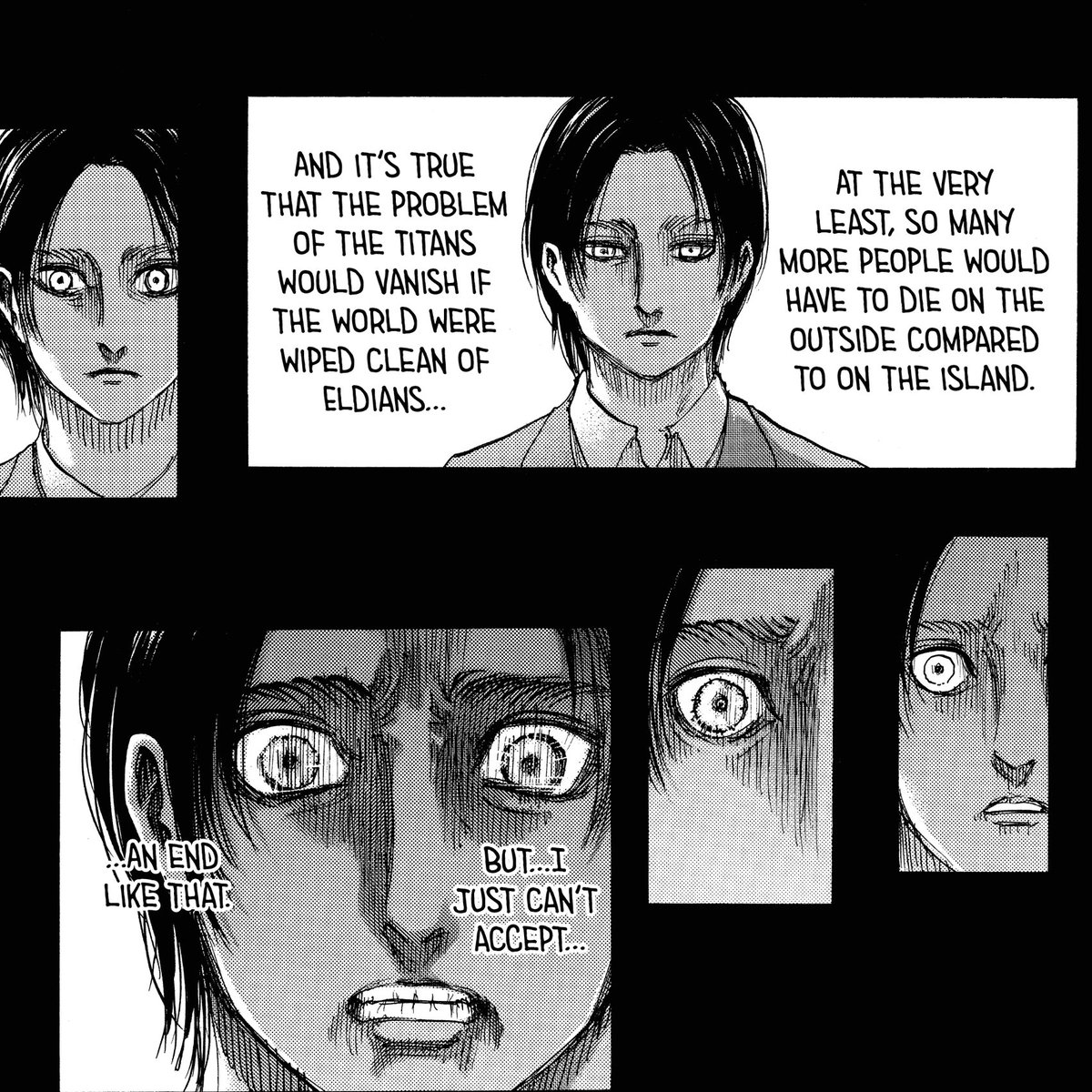 BUT he still right here in this panel himself says he has to do all of this. It isnt as if he is doing this just cause destiny, he has a innate desire to carry it out too.+One other thing is, kid Eren may have thought of Armin so much that he himself manifested him in Paths