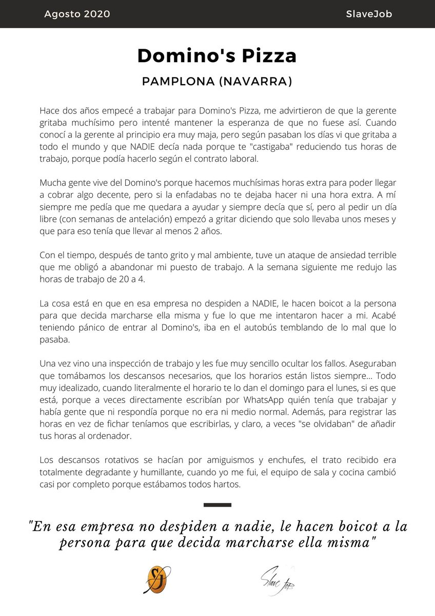 JobsticeOficial's tweet photo. Experiencia en el "Domino's Pizza" de Pamplona (Navarra).
Acoso laboral (mobbing) y reducción de horas hasta producir la renuncia de la persona implicada para así ahorrarse el despido.
#SlaveJob #Pamplona #Navarra #Precariedad #dominospizza https://t.co/gaEqlzc2IA