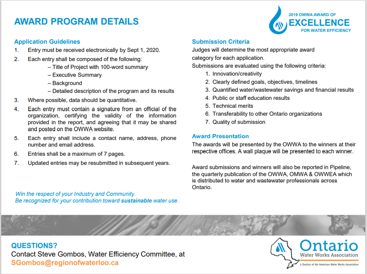 2020 OWWA Water Efficiency Award submissions are still open! If you're working on a project or know someone who may be qualified, please share! <a href="/owwa_wec/">OWWA WEC</a> More info: