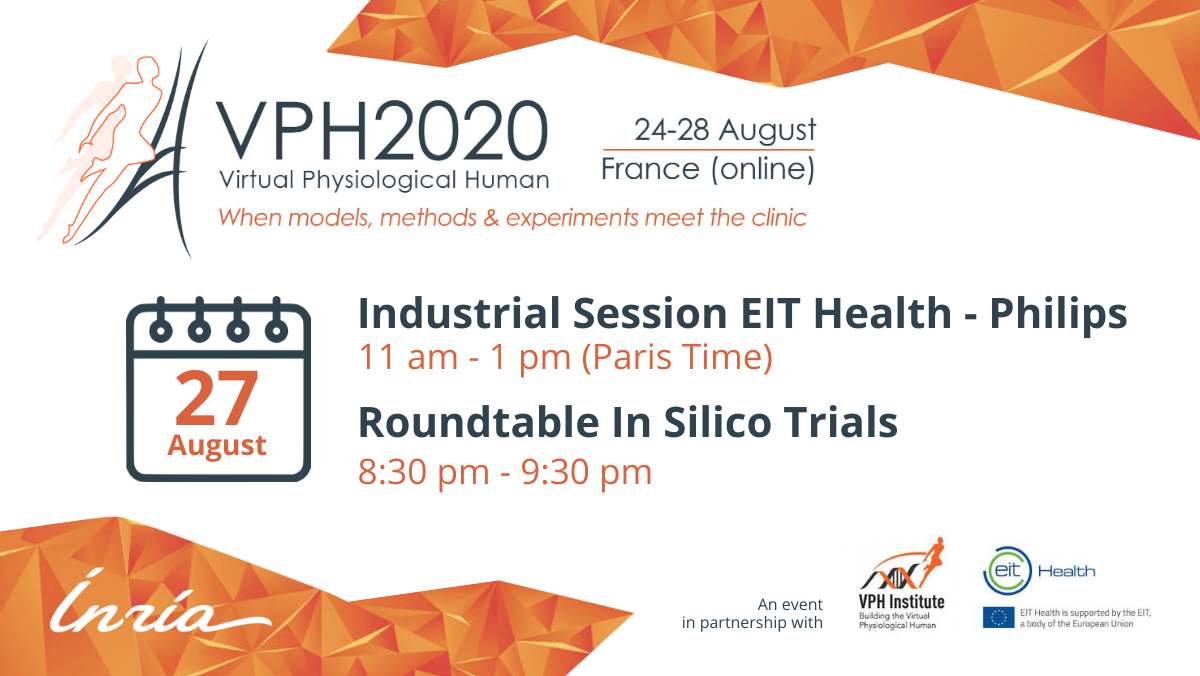 VPH_Society's tweet photo. Partner of the #VPH2020 Conference, @EITHealth will co-host:
➡️ a session dedicated to industrial research on the #VirtualPhysiologicalHuman, with @Philips
➡️ a roundtable dedicated to the challenges of #InSilico clinical trials, with @Inria https://t.co/shS3YXd79f