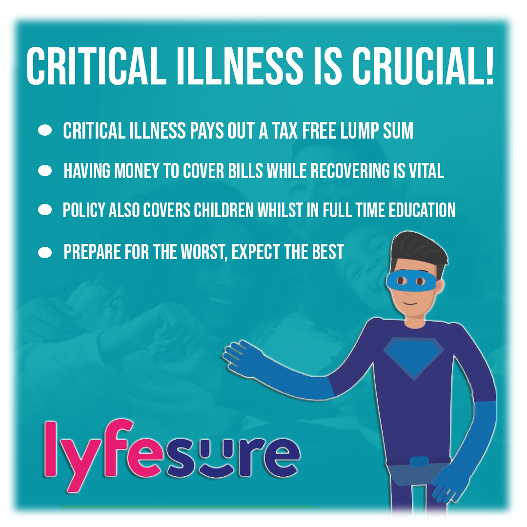 Lyfesure's tweet photo. Critical illness is a policy that pays out a tax-free lump sum if you are diagnosed with a condition listed within your policy agreement. It is there to help replace your income ensuring bills are still paid while you recover. 🚑⁠
⁠
➡️ https://t.co/qVlBQ4qTHo  https://t.co/1j0bHvx3NV