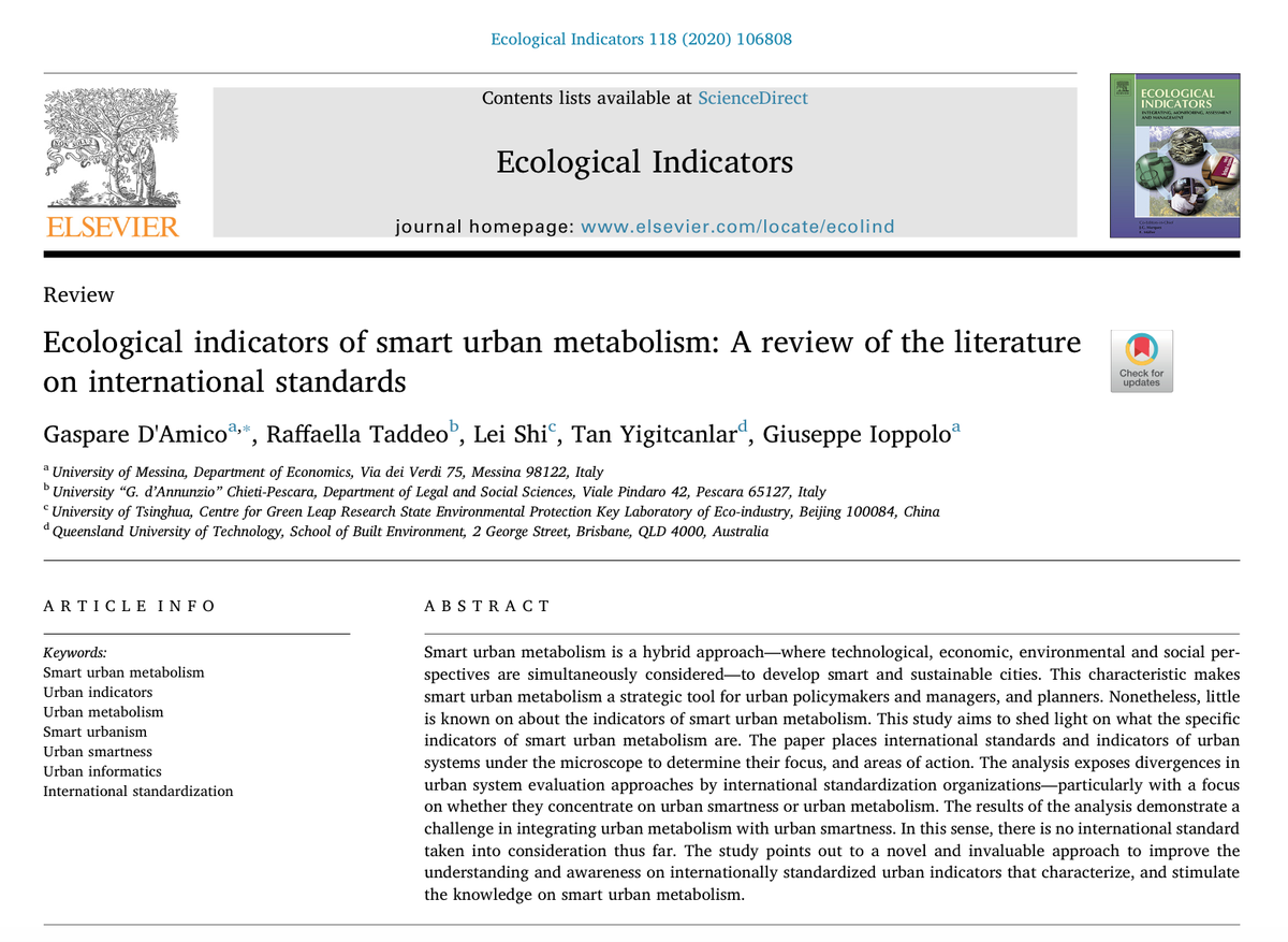 This new research (w/ D'Amico, Taddeo, Shi, Ioppolo) explored the #EcologicalIndicators of #SmartUrbanMetabolism from the lens of #InternationalStandards.

50-day free access to paper is available from: authors.elsevier.com/c/1bX1v,XRNLgg…

@UrbanStudiesLa1 @QUTmedia @QUTSciEng @QUT @IFE_QUT