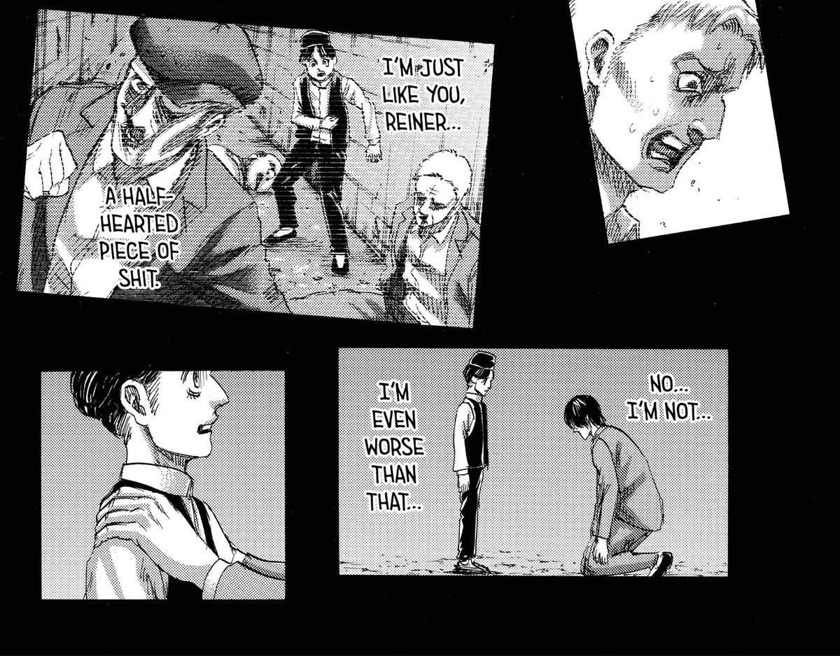 Eren doesn't think of anyone as animals, he even calls them people in this chapter. Even thinks what his mother would think of him in this moment. Eren even acknowledges he's much worse than Reiner. (Its the bare minimum but still worth pointing out)
