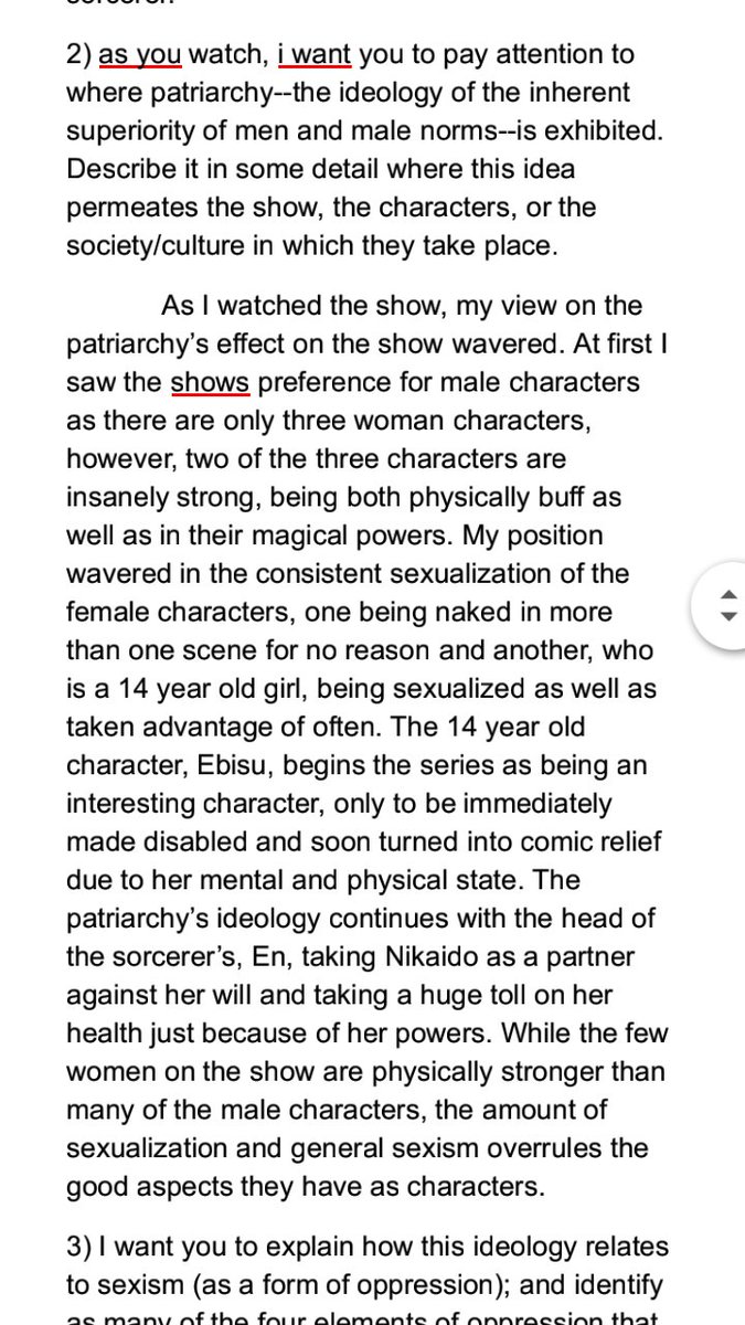 in a class assignment i wrote about the patriarchy's effect on media, i also had some choice things to say. ( this was written before i finished the manga and didnt know the other women characters introduced. )
