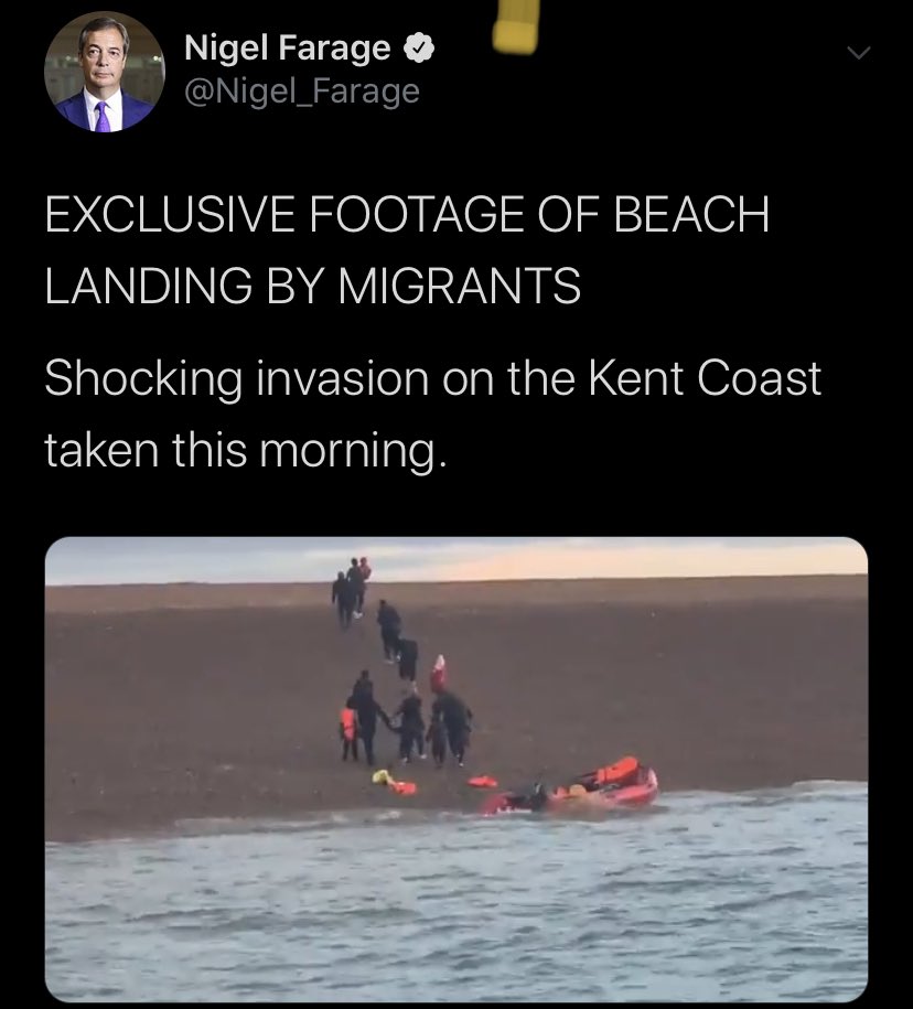 1. Orwell’s 1984 opens with Winston Smith writing in his diary about a film he’s seen. “One very good one of a ship full of refugees being bombed somewhere in the Med. Audience much amused”.Responding to  #Farage’s “shocking invasion” tweet, someone suggested sinking the dinghy.