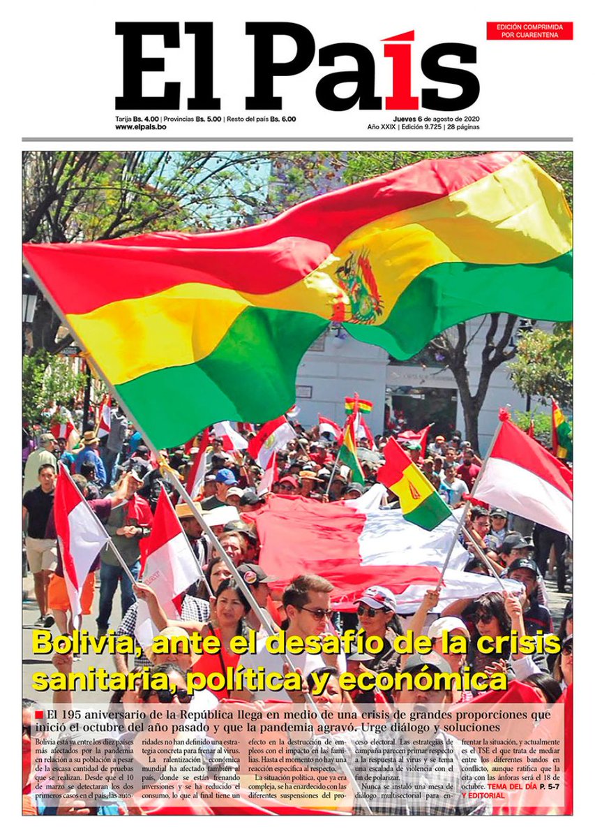 elpaisbo's tweet image. #Bolivia 🇧🇴 #6deAgosto 🇧🇴 #Feriado
🌞Buenos días querid@s lectores! . Te deseamos un lindo día y te presentamos nuestras #portadas🌞 para hoy jueves 6 de agosto! 📰