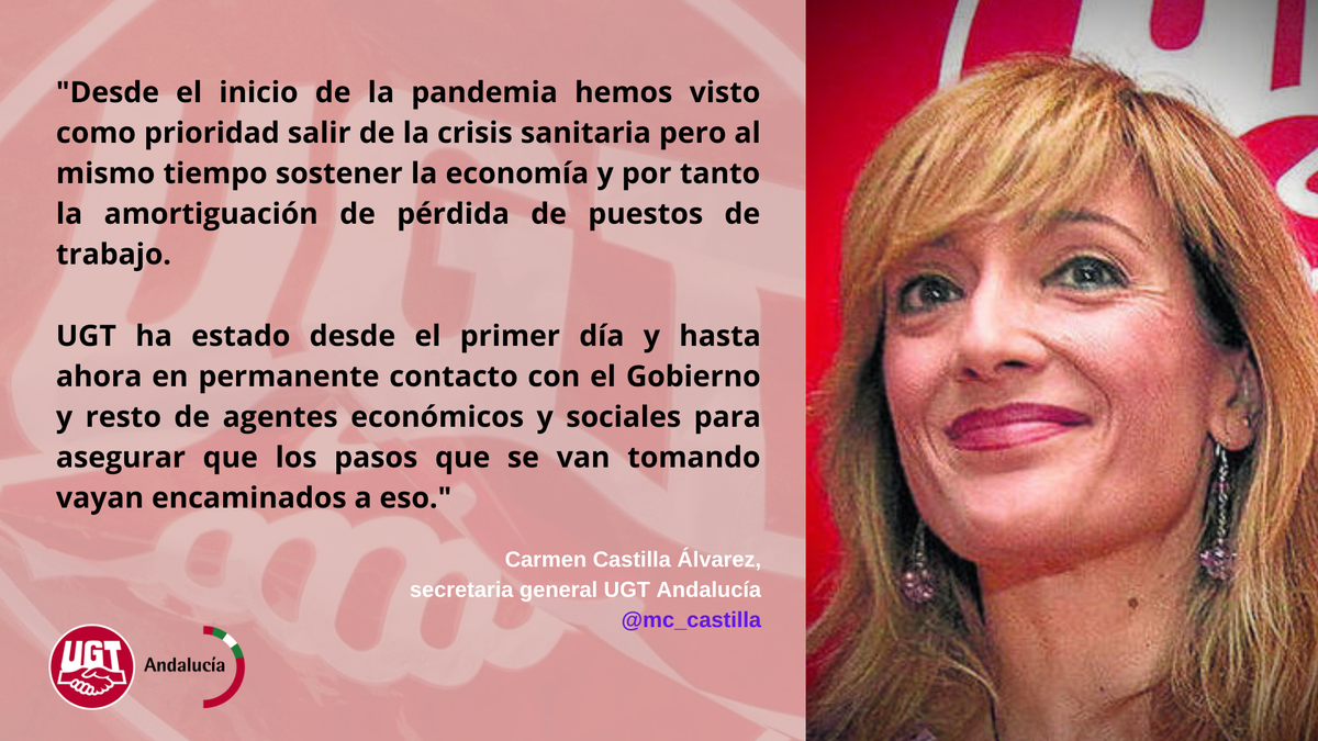 🗣️ <a href="/mc_castilla/">carmen castilla</a> "Desde el inicio de la pandemia hemos visto como prioridad salir de la crisis sanitaria pero al mismo tiempo sostener la economía y por tanto la amortiguación de pérdida de puestos de trabajo"
#UGT #TuSindicatoUtil
<a href="/UGT_Comunica/">UGT</a> @fespugta <a href="/fica_andalucia/">UGT Fica Andalucía</a>