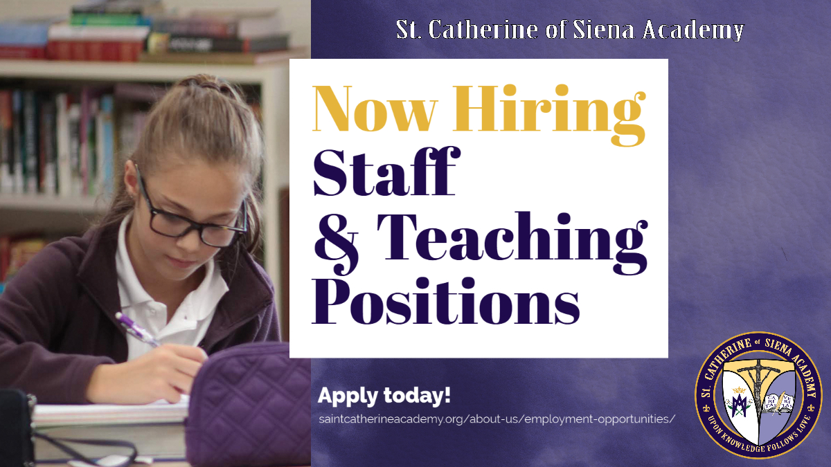SCAwixom's tweet photo. St. Catherine of Siena Academy has openings for staff and teaching positions. βππ¨βπ«π©βπ« Immediate openings and link to the applications can be found β¬οΈ
https://t.co/IX4XF3XYaL
#SCAopportunity #SCAleadership #SCAfaculty #SCAstaff @aodschools https://t.co/mw4SxGlt6F