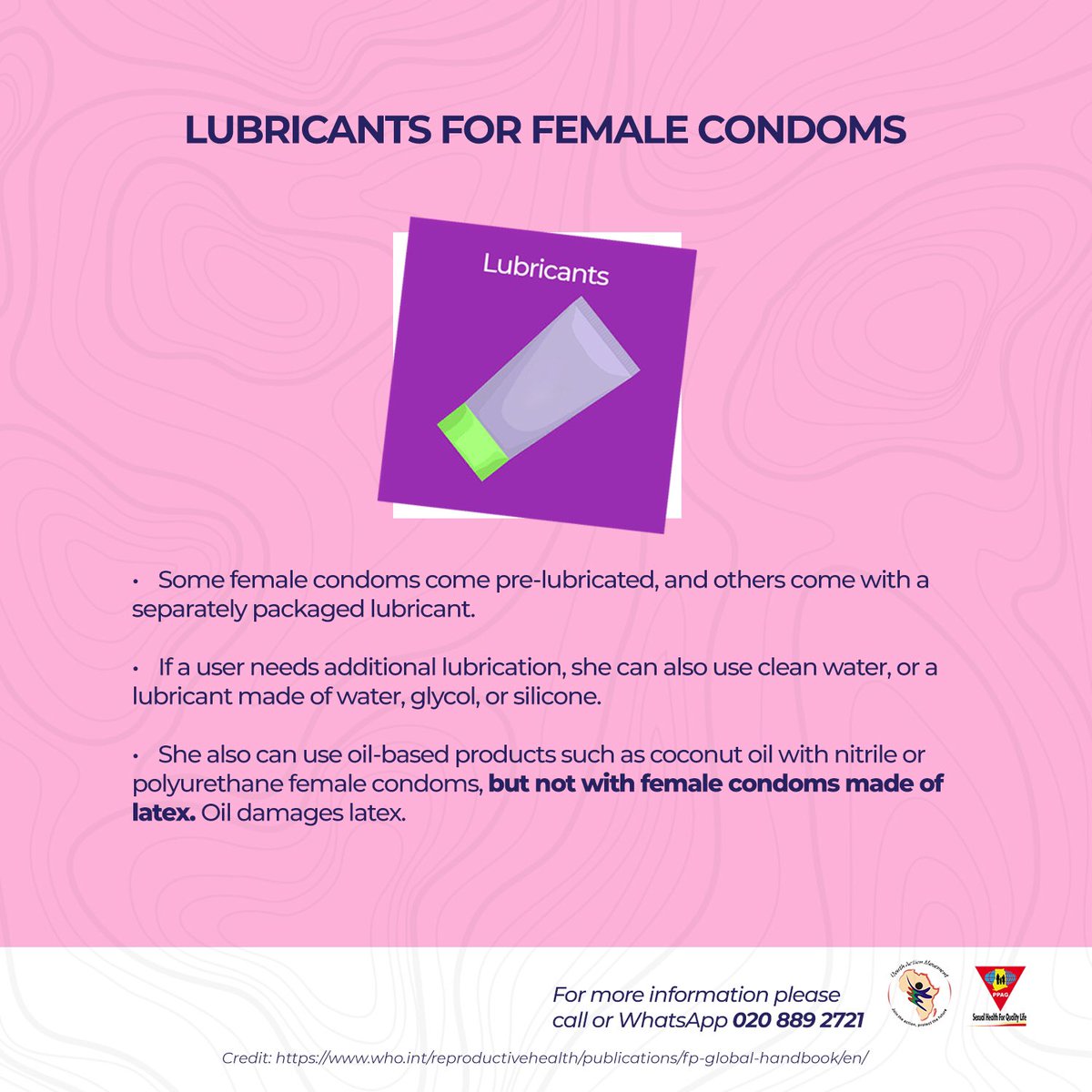 PPAGGhana's tweet image. Unlike the male condom, oil-based lubricants can be used with the female condom made of nitrile or polyurethane. 

Oil-based lubricants damage latex. Hence, SHOULD NOT be used with male or female condom made of latex . 

#KnowYourFPMethod #SexualHealth4QualityLife #contraception