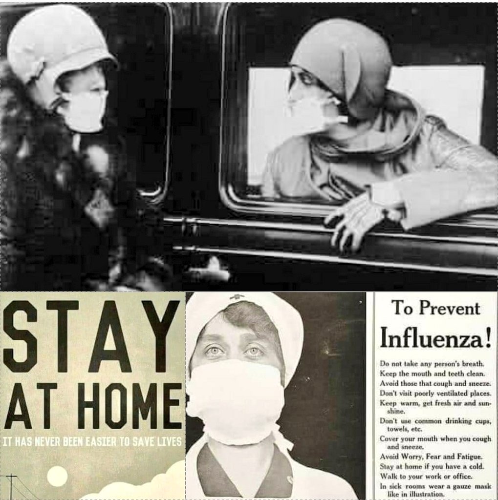 Pictures from the 1918 flu pandemic. No comparison to COVID19 but similar messages. I especially love the 'Be a nurse, Learn at home'. #StayHomeSaveLives #SocialDistancing #WearAMask #QuarentineLife #PhoneAFriend #volunteer #RedCross #COVID19 #History #NHS #Nursing