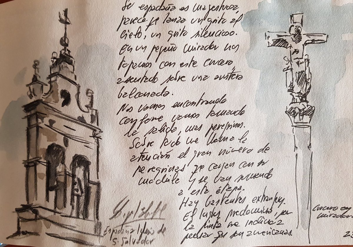 Mi Cuaderno de Peregrino. Iglesia de S. Salvador y cruceiro del mirador. Un pintor en el Camino Francés.
#walking #artofwalking #thewaytosantiago #cuadernosdepintor #peregrino #miguelelias #santiagocompostela  #caminofrances #sketchbook #catedralSantiago #urbansketcherschers