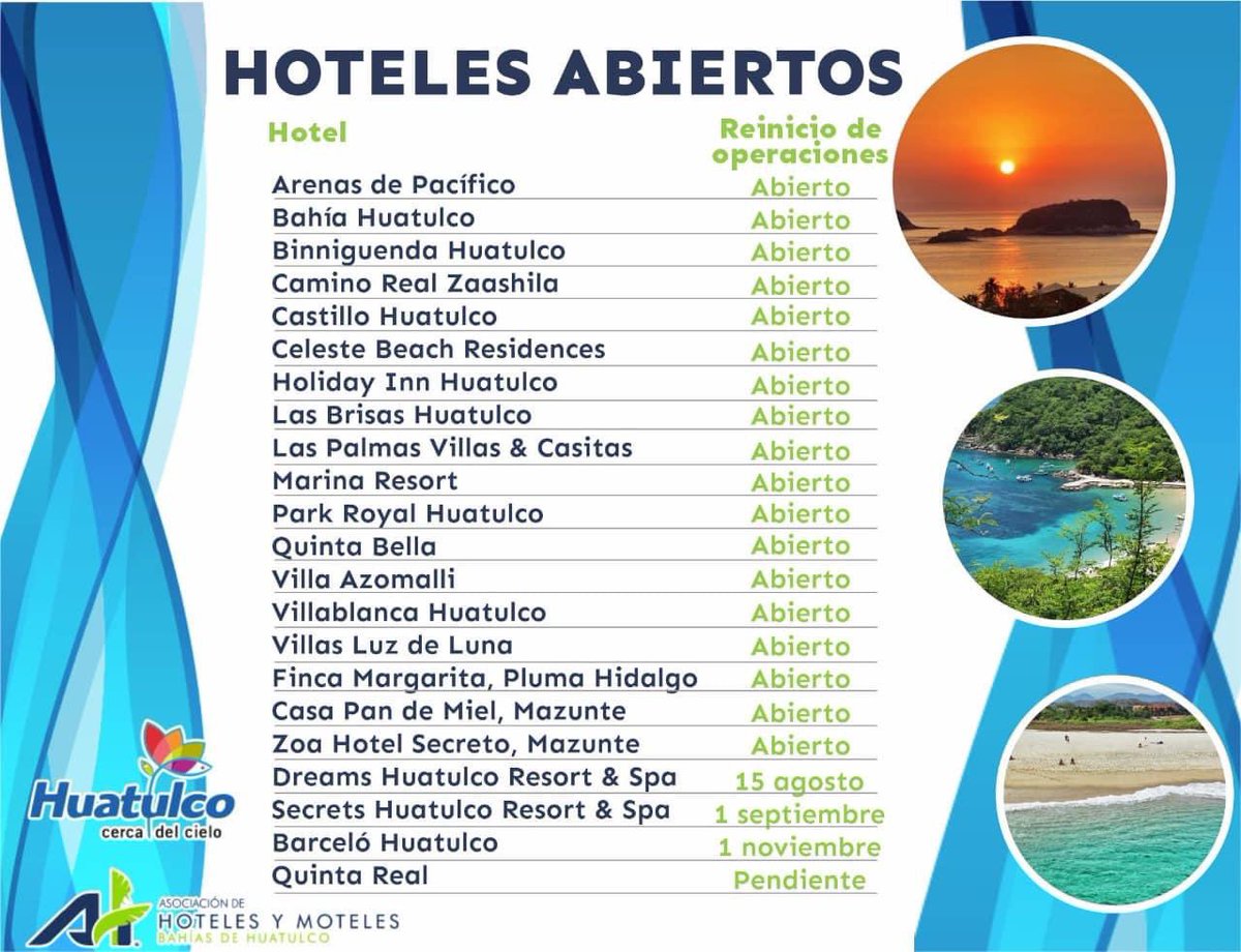 huatulcohotels's tweet photo. #Hoteles de nuestra asociación con servicios y próximas reaperturas!!! https://t.co/gwOLF8Iekt